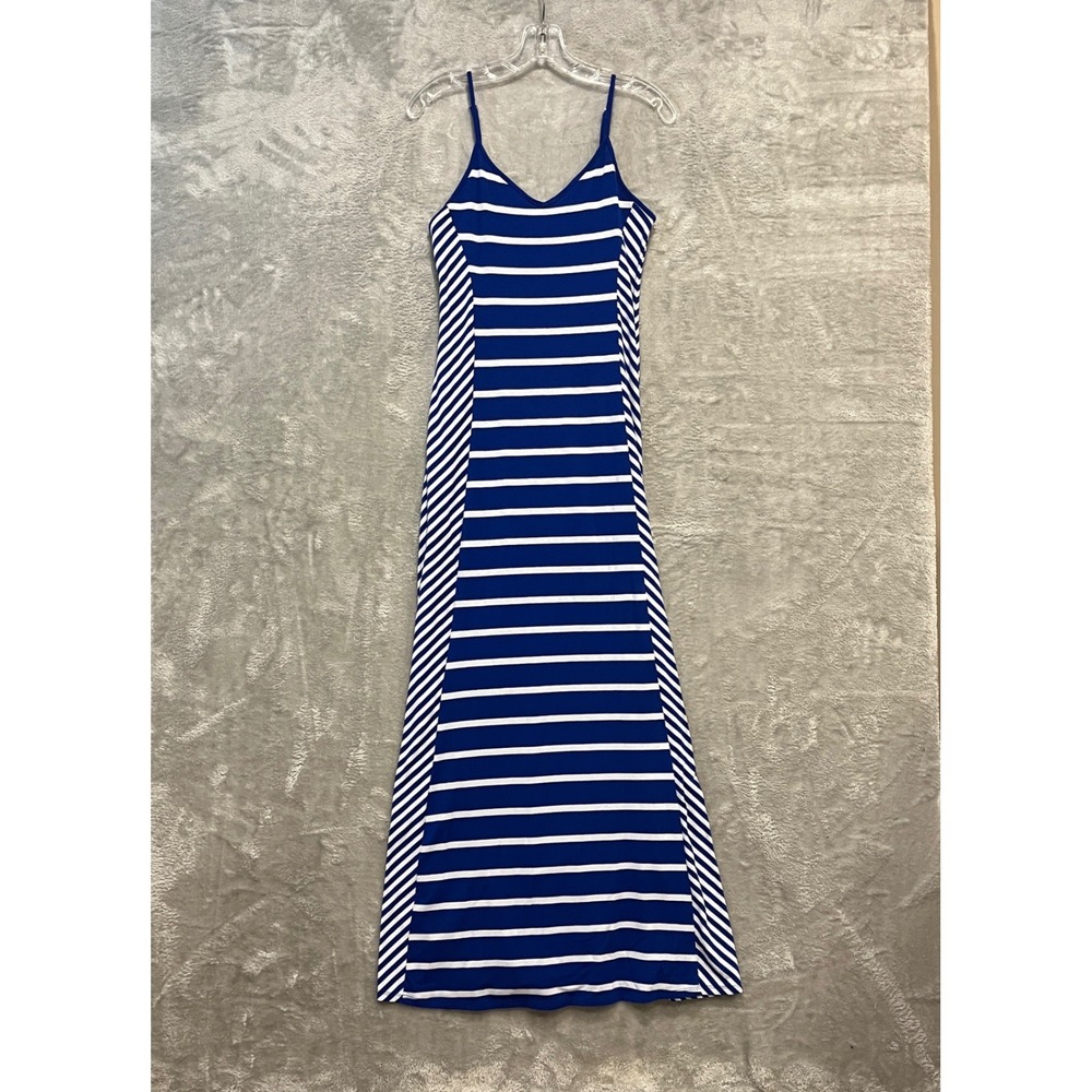 Guess Maxi Dress Women Size S Blue White Striped Spaghetti Strap V-Neck Slim